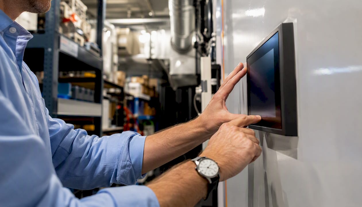 Technician adjusting ventilation control panel