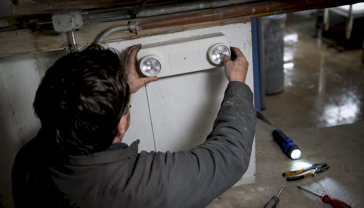 Technician installing emergency light fixture ceiling