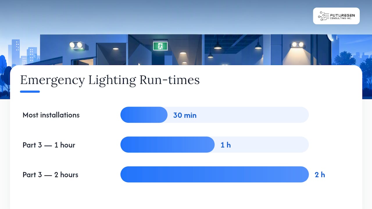 Diagram of emergency lighting illumination, runtime, and testing thresholds