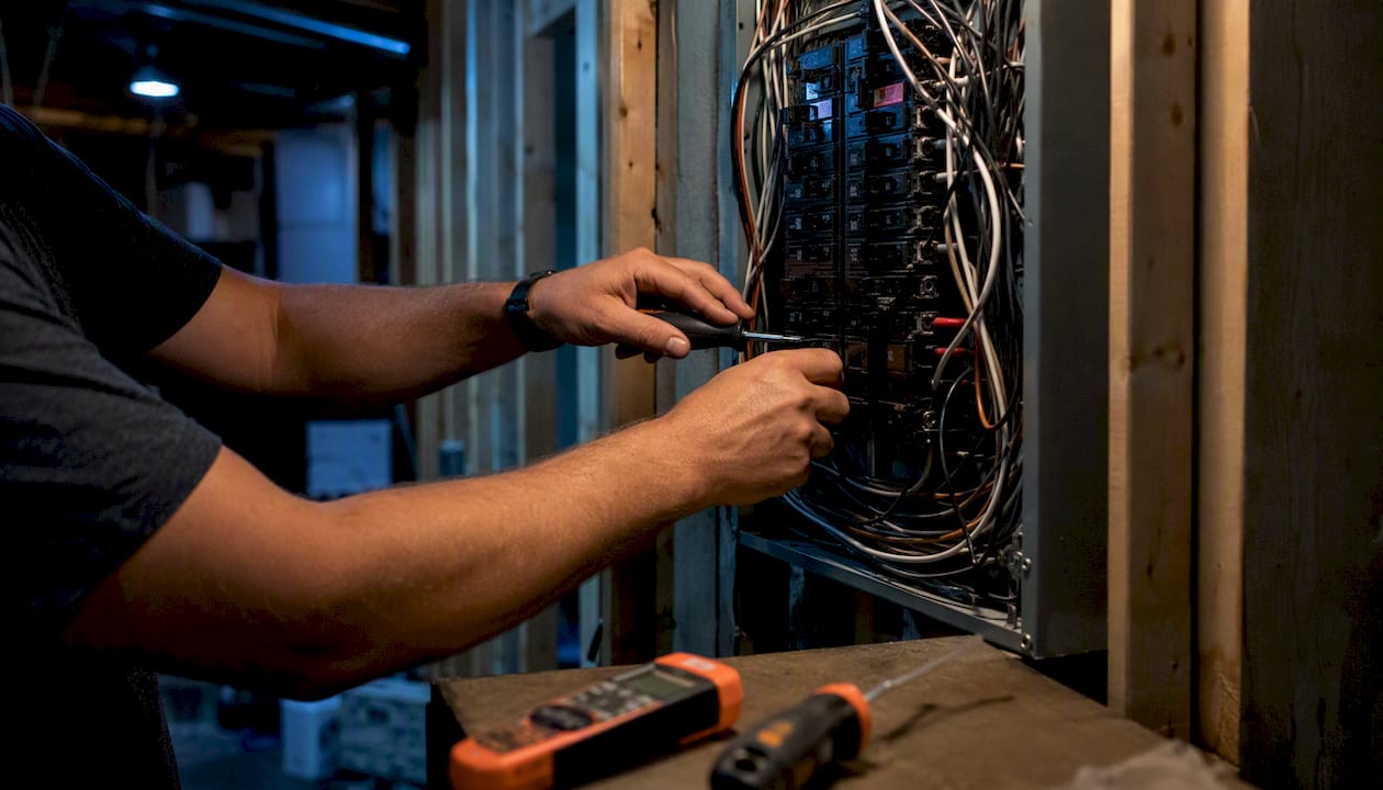 Electrician inspecting residential electrical panel wiring