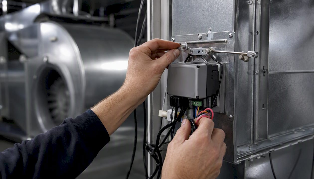 Hands adjusting motorized damper on HVAC unit