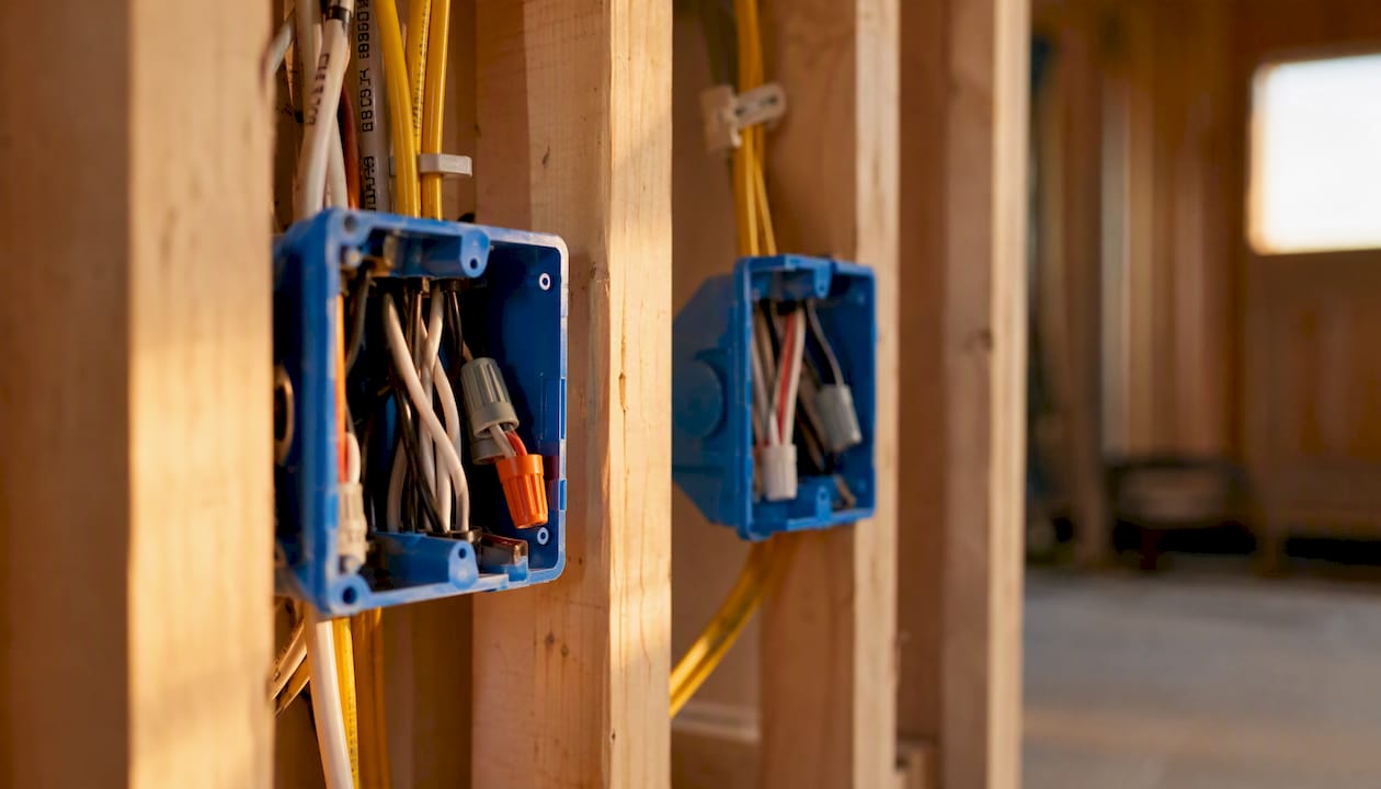 Close-up inside electrical outlet box wiring