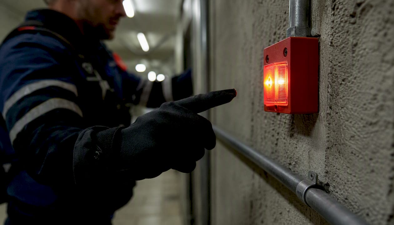 Responder pointing at fire alarm detector on wall