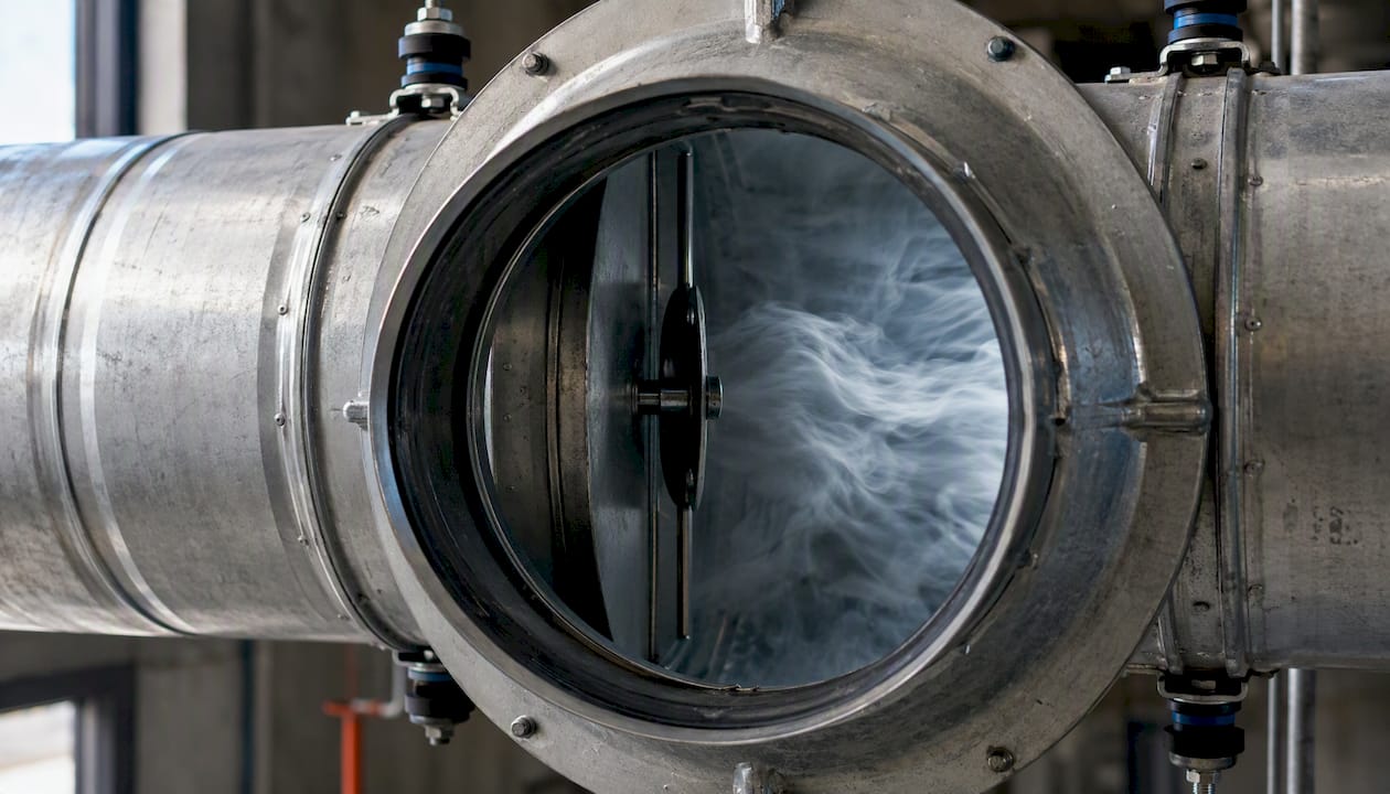 Turbulent airflow inside duct showing HVAC turbulence noise