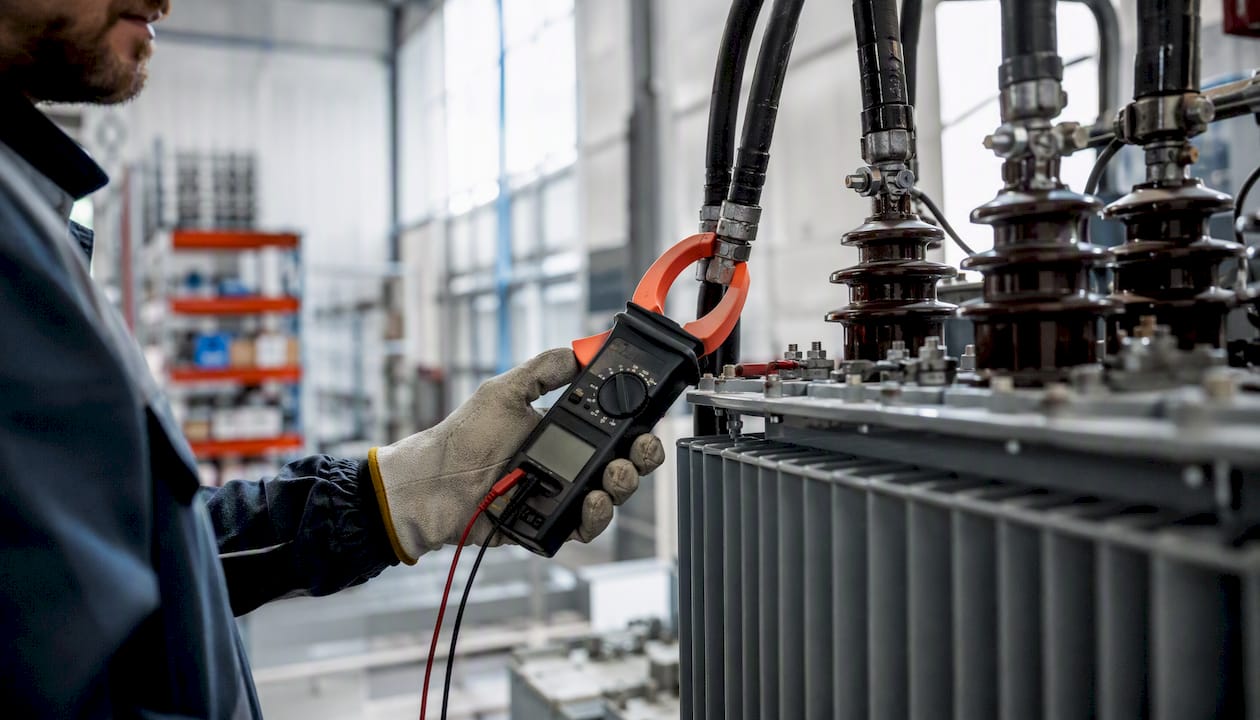 Electrician measuring transformer current