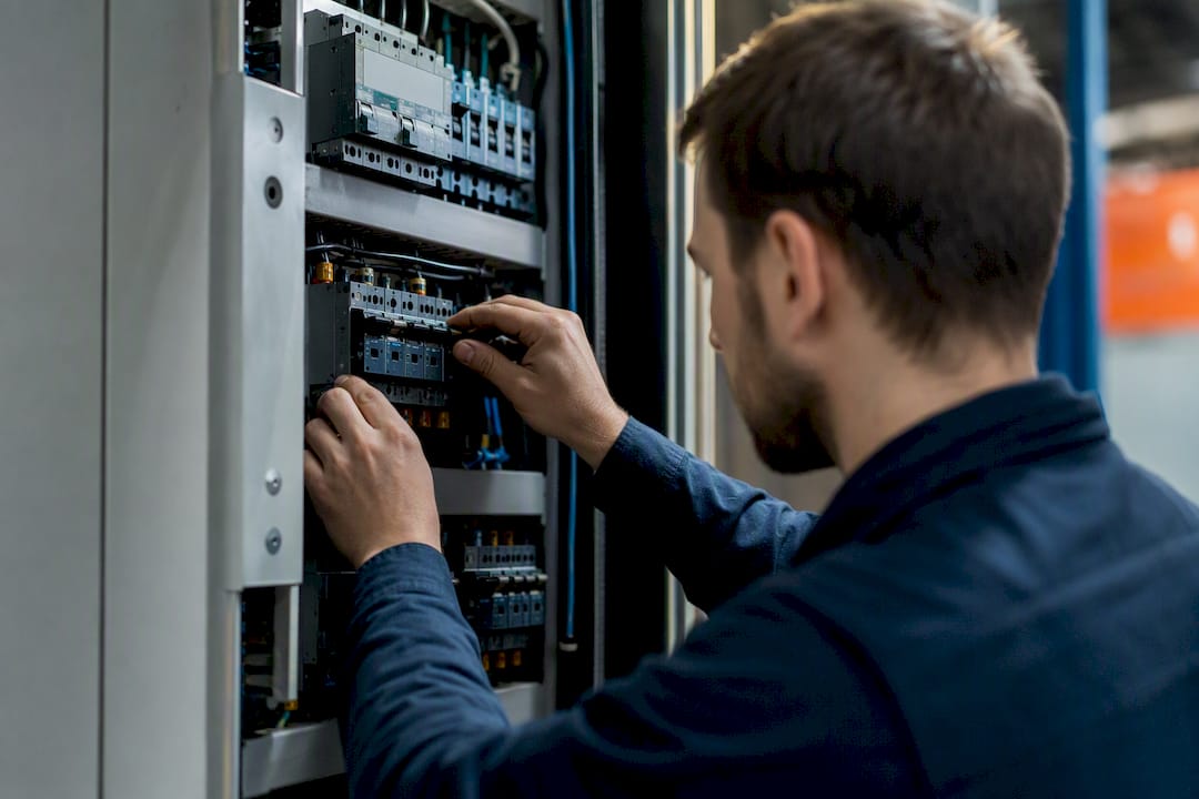 Hands adjusting switchgear breakers