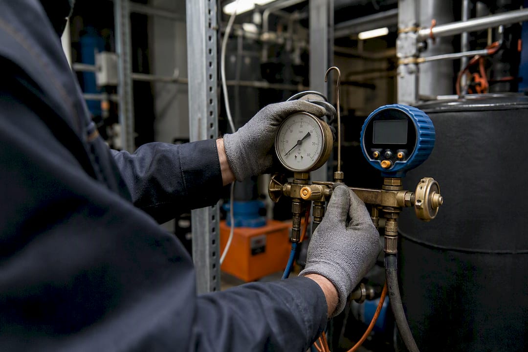 Technician calibrating HVAC instruments
