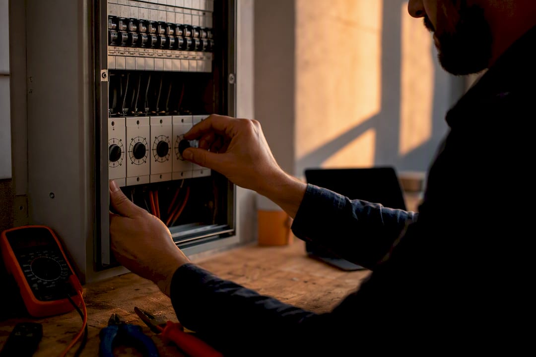Hands adjusting breaker dial for EV load management