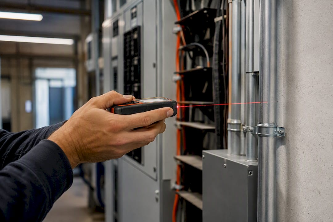 Technician measuring electrical conduit in renovation