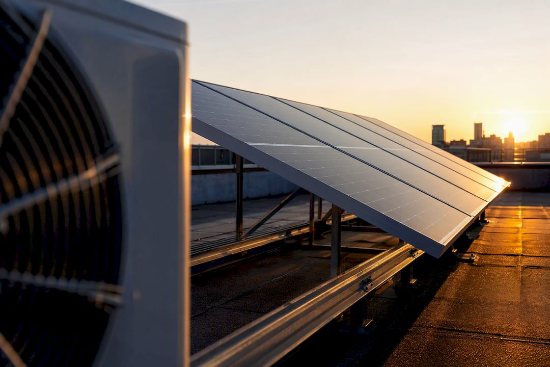 Rooftop heat pump unit near solar panels