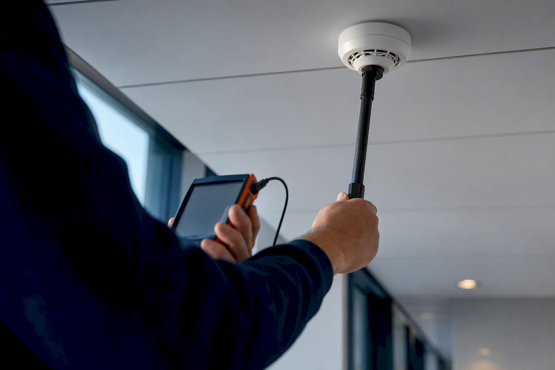Technician verifying modified fire alarm device