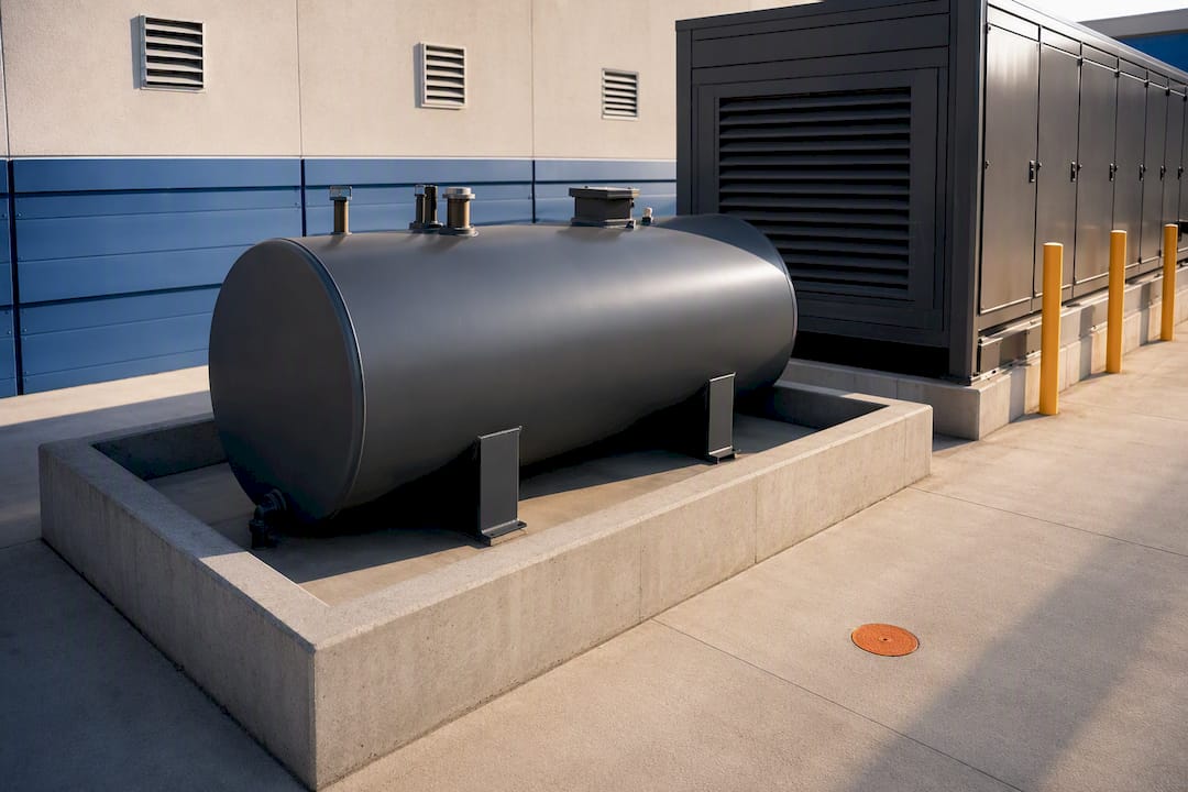 Contained generator fuel tank beside enclosure