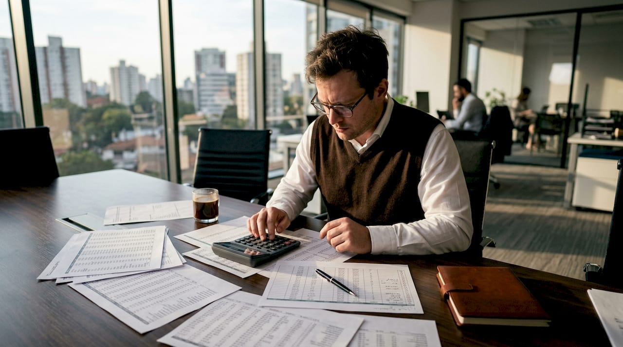 Hands calculating Delaware tax with calculator
