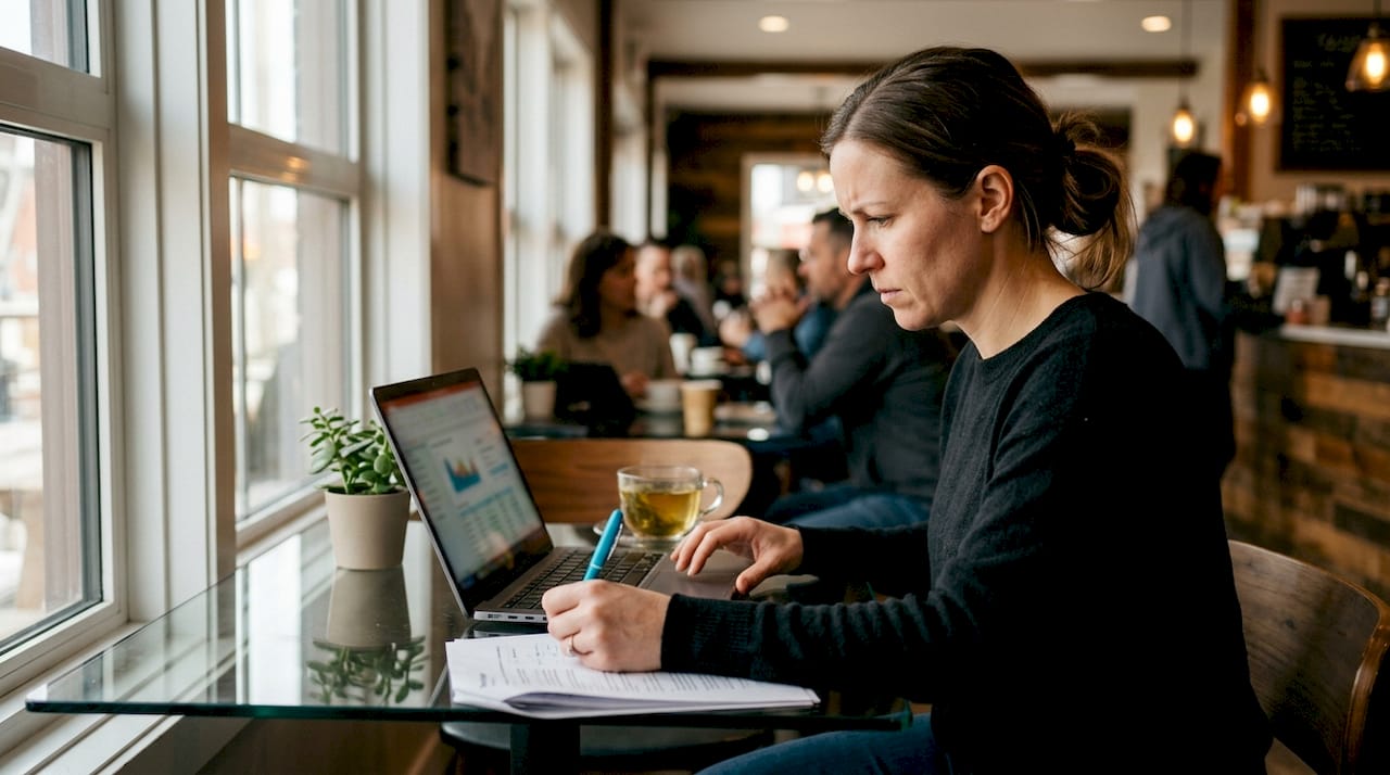 Hands pointing at mortgage contract with coffee and glasses