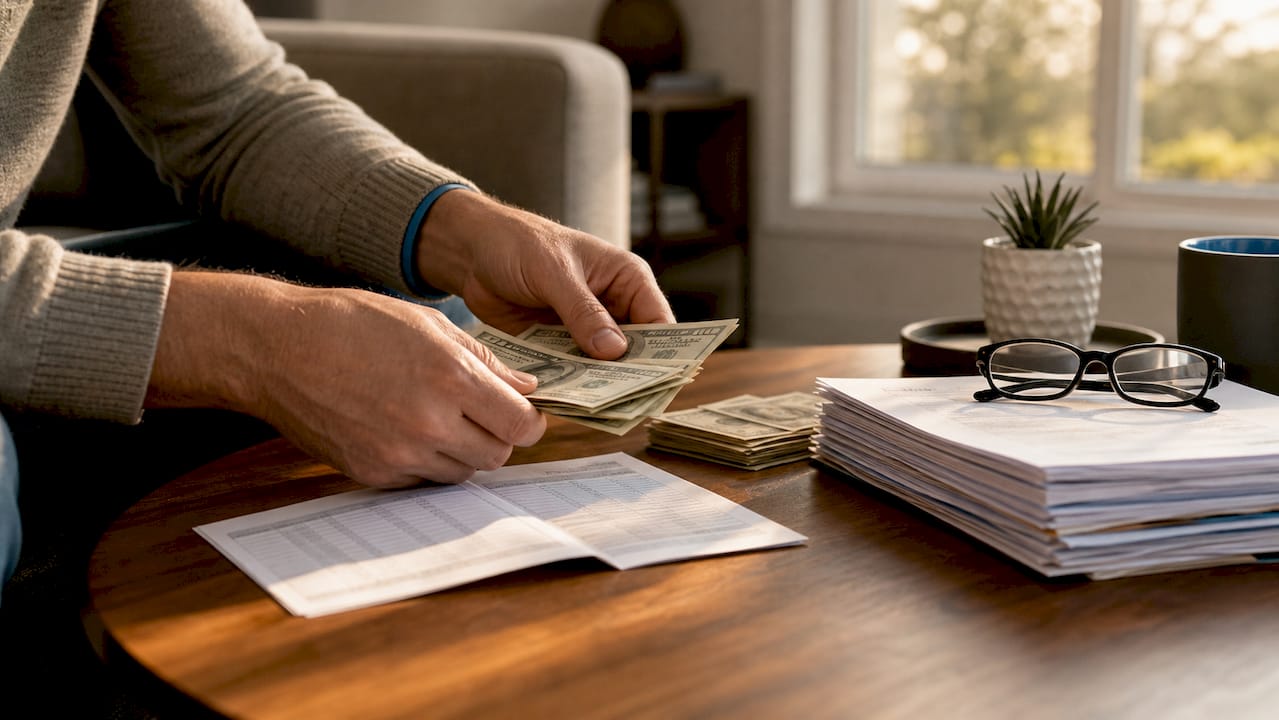 Hands counting mortgage payment cash on desk