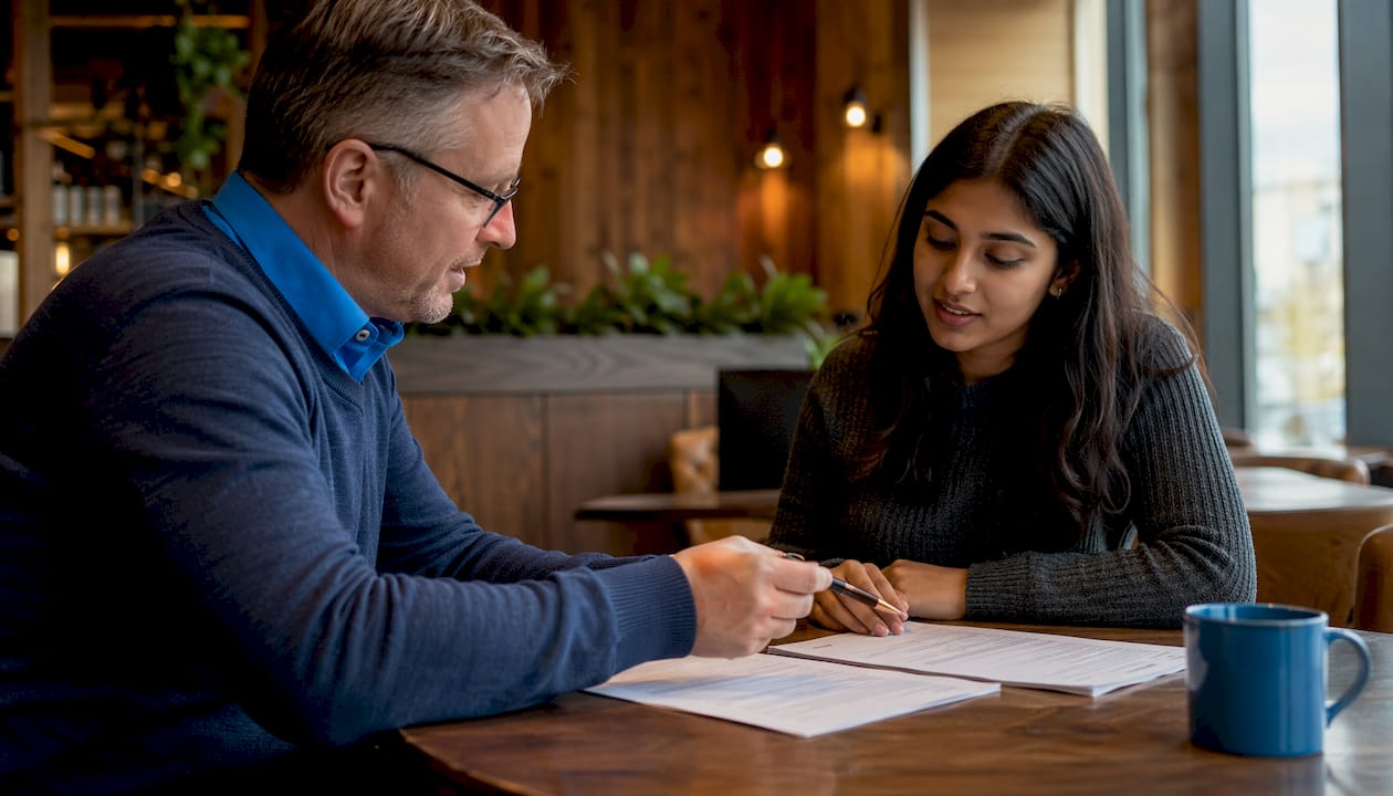 Mortgage broker discussing employment letter with client