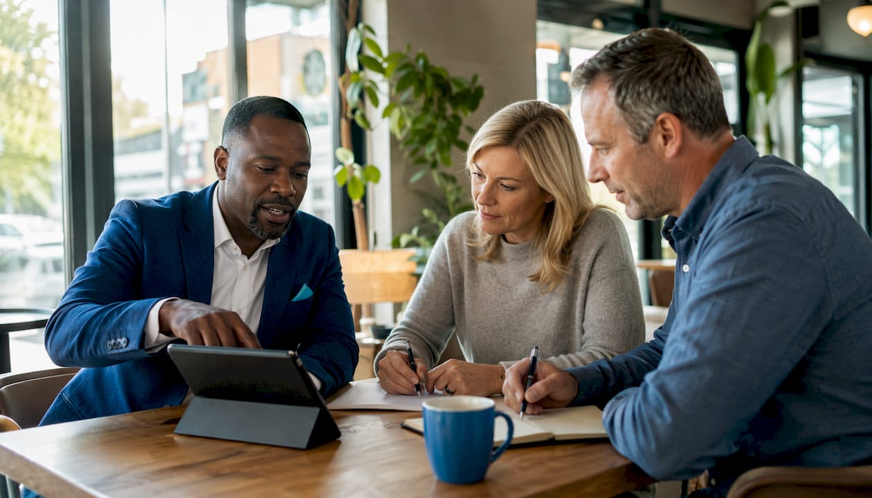 Mortgage broker consulting newcomers in office