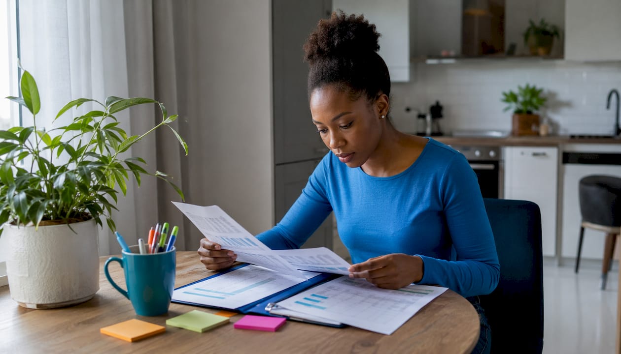 Hands reviewing mortgage documents at broker desk