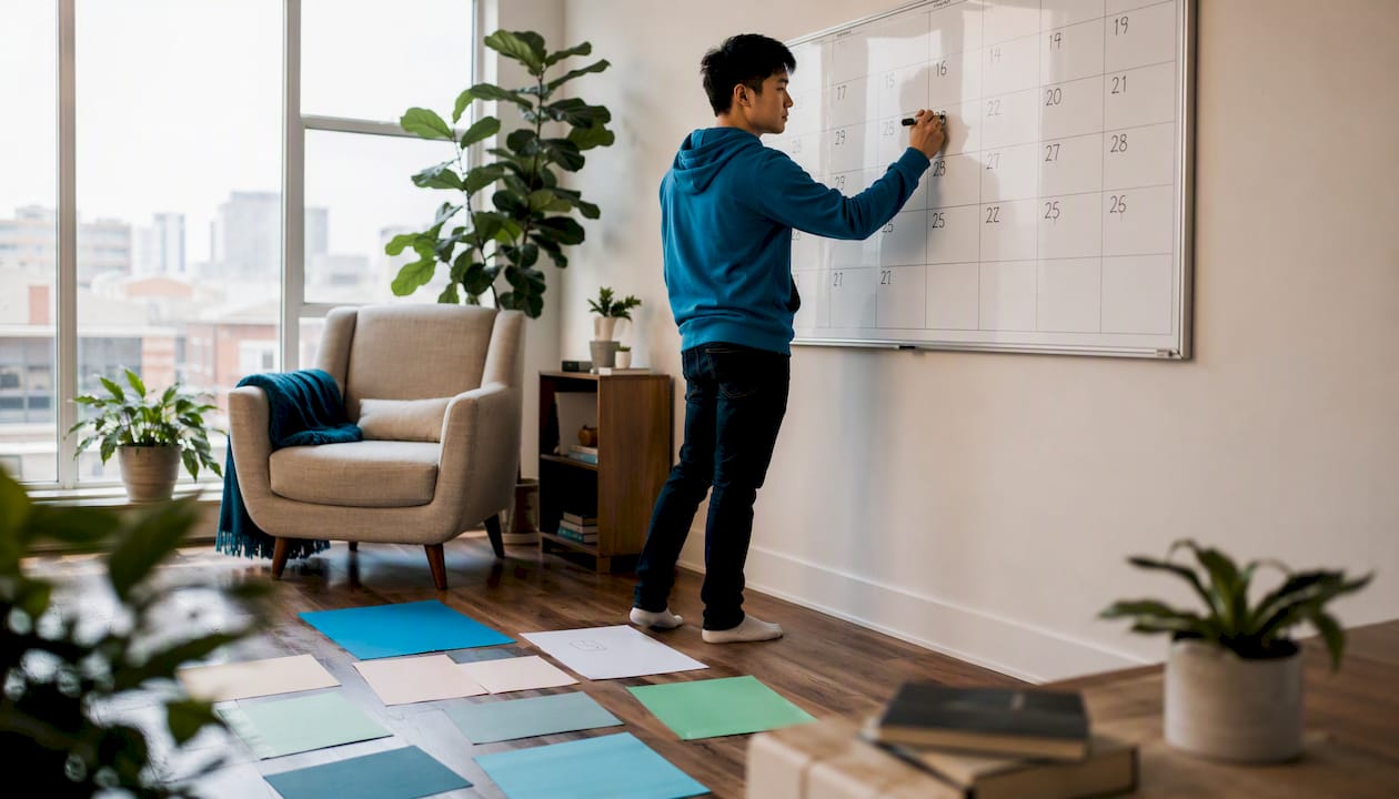 Man marking mortgage preparation timeline on calendar