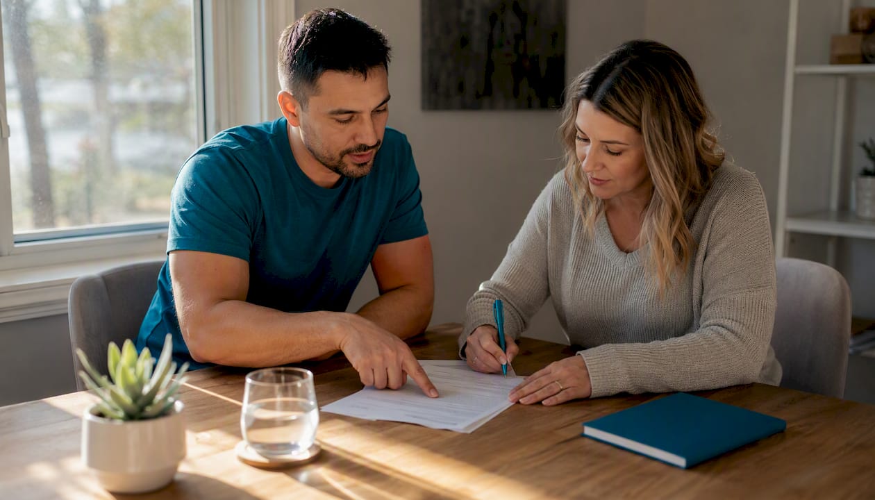 Hands discussing mortgage options with documents
