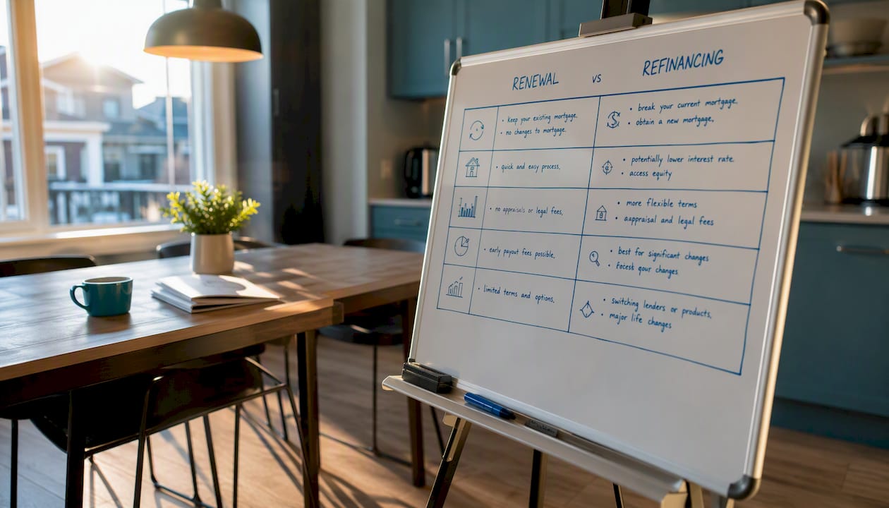 Whiteboard with renewal and refinance comparison chart
