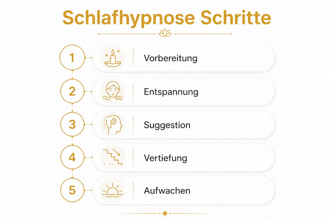 Schritt-für-Schritt-Infografik: So läuft eine Schlafhypnose ab