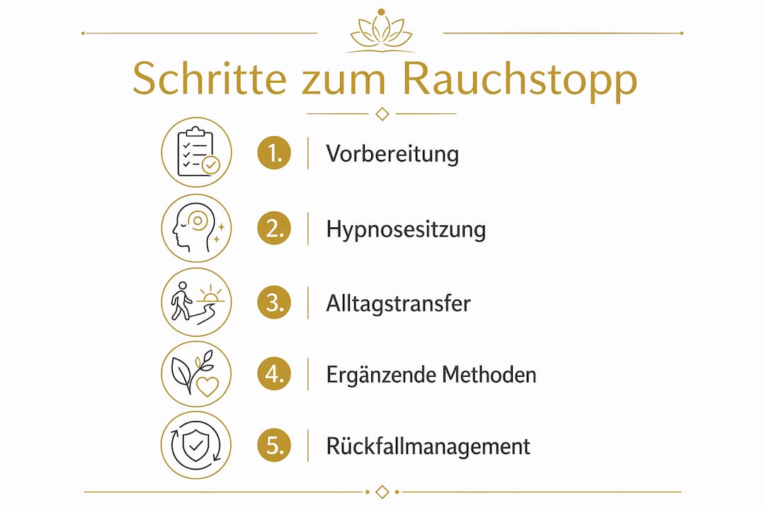 Die Infografik veranschaulicht, wie man in fünf Schritten mithilfe von Hypnose mit dem Rauchen aufhören kann.