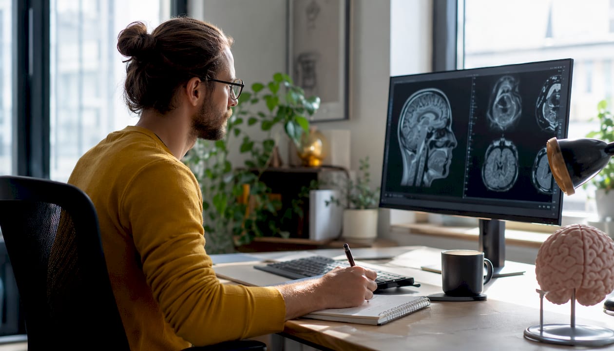 Im Labor wertet eine Neurowissenschaftlerin Gehirnaufnahmen aus.