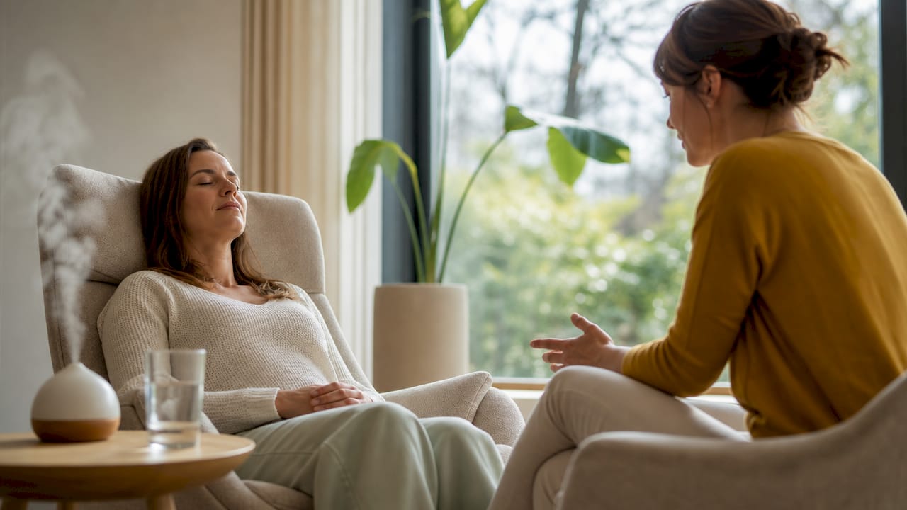 Eine Frau genießt eine entspannte Hypnosesitzung in angenehmer Praxisatmosphäre.