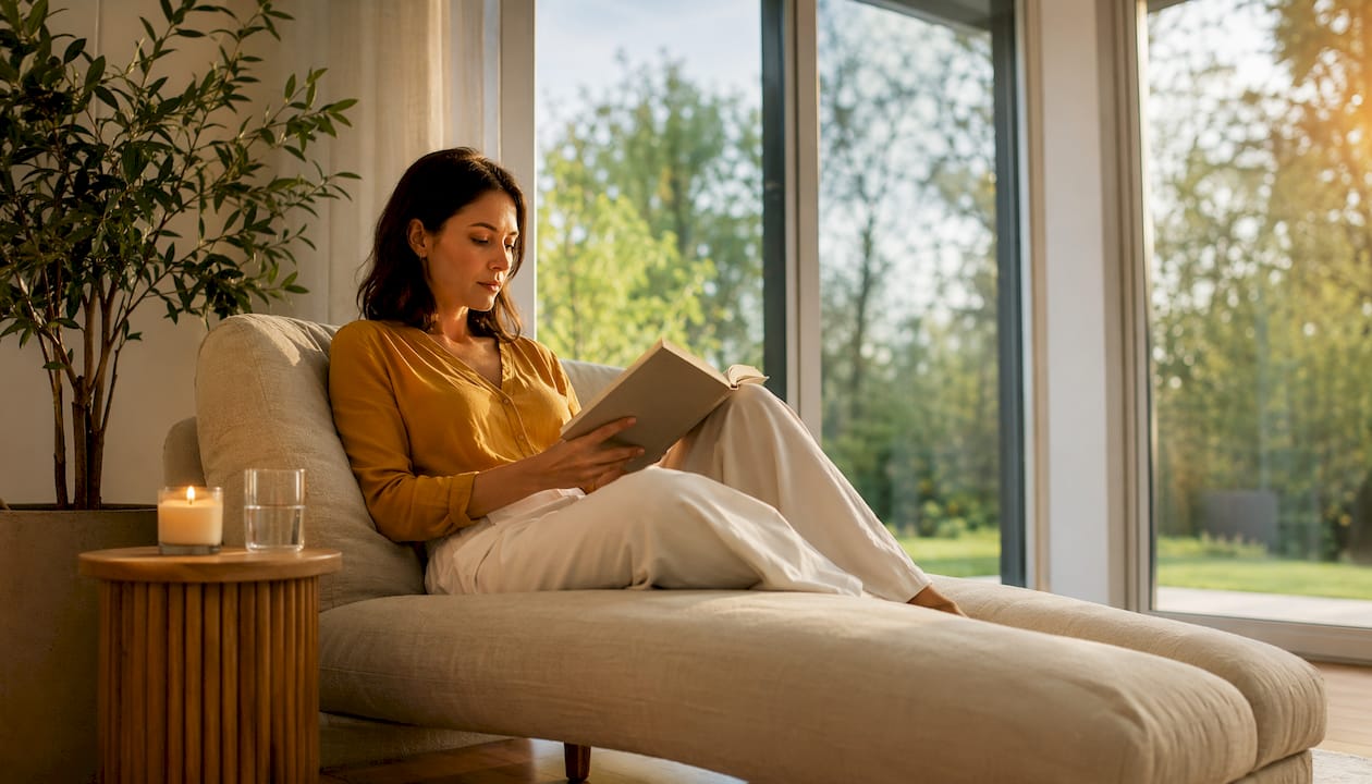Mit den Händen auf einem Meditationsbuch, dazu eine brennende Kerze und eine Tasse Tee – ein Moment voller Ruhe und Achtsamkeit.