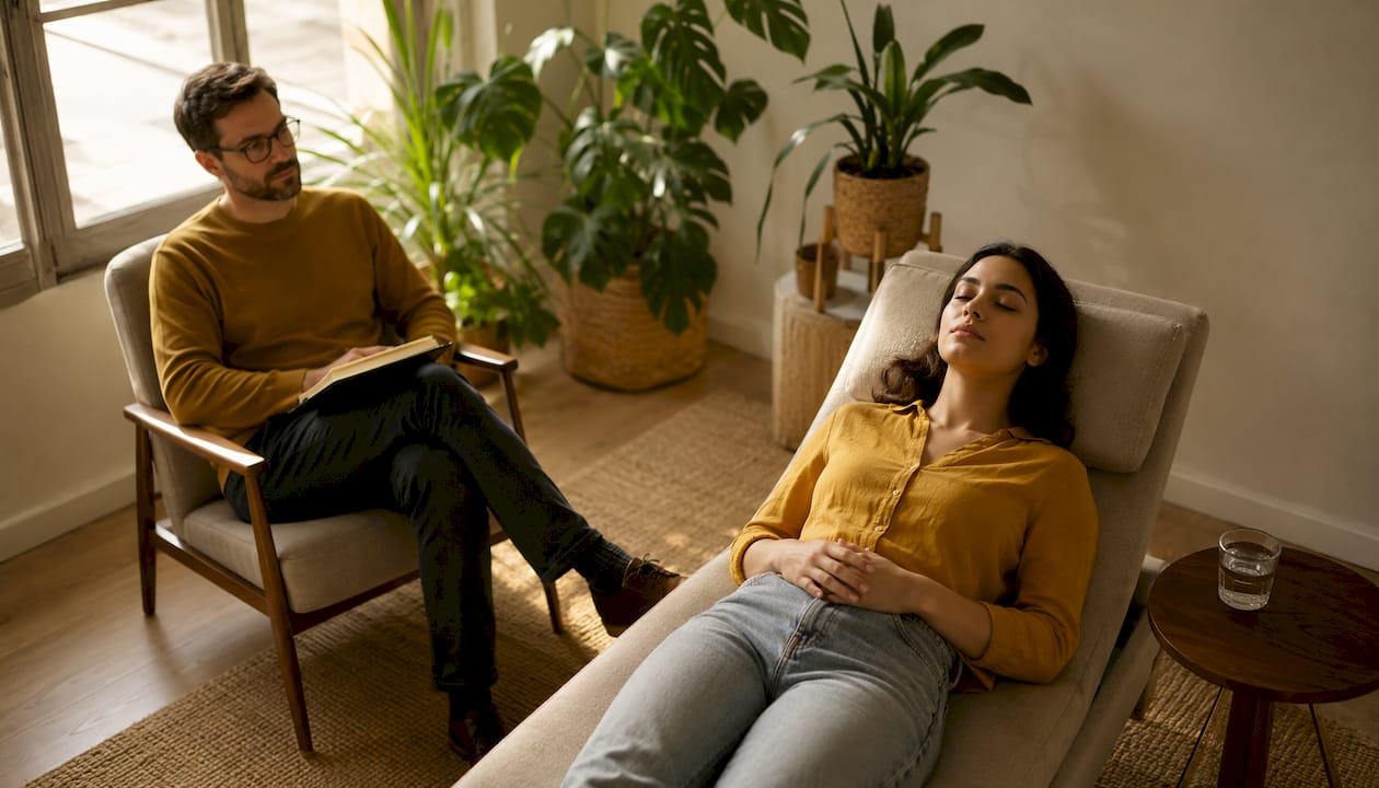Im Therapieraum schenkt der Therapeut seiner Klientin volle Aufmerksamkeit und hört ihr einfühlsam zu.