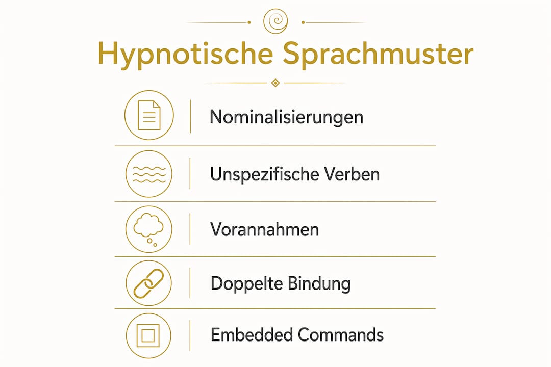 Diese Infografik bietet einen anschaulichen Überblick über hypnotische Sprachmuster und stellt sie in fünf leicht nachvollziehbaren Schritten dar.