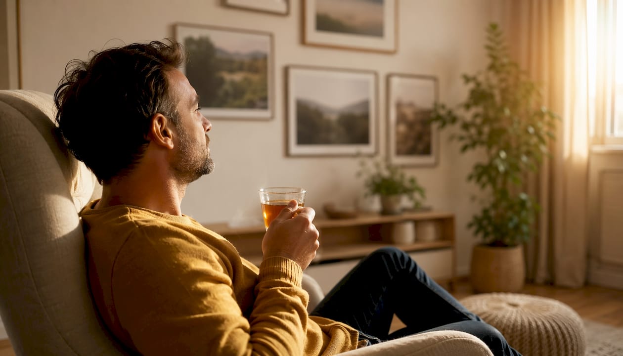 Eine entspannte Hand hält eine Tasse Tee, während im Hintergrund eine ruhige Atmosphäre herrscht.