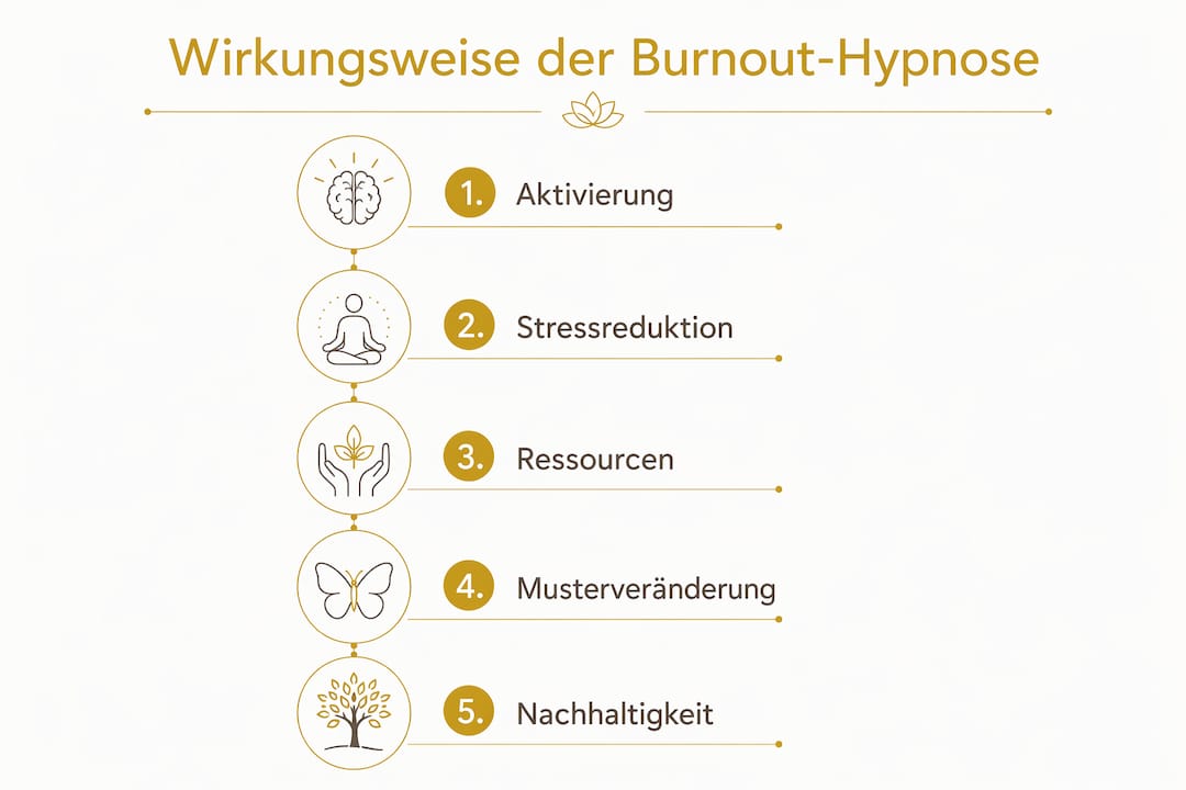 Die Infografik veranschaulicht anschaulich, wie eine Burnout-Hypnose abläuft und welche positiven Effekte sie haben kann.