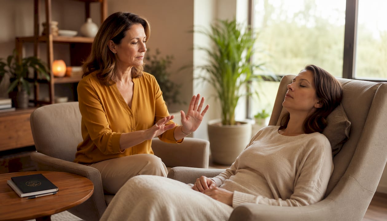 Die Hypnotherapeutin begleitet ihre Klienten behutsam in einen entspannten Trancezustand.