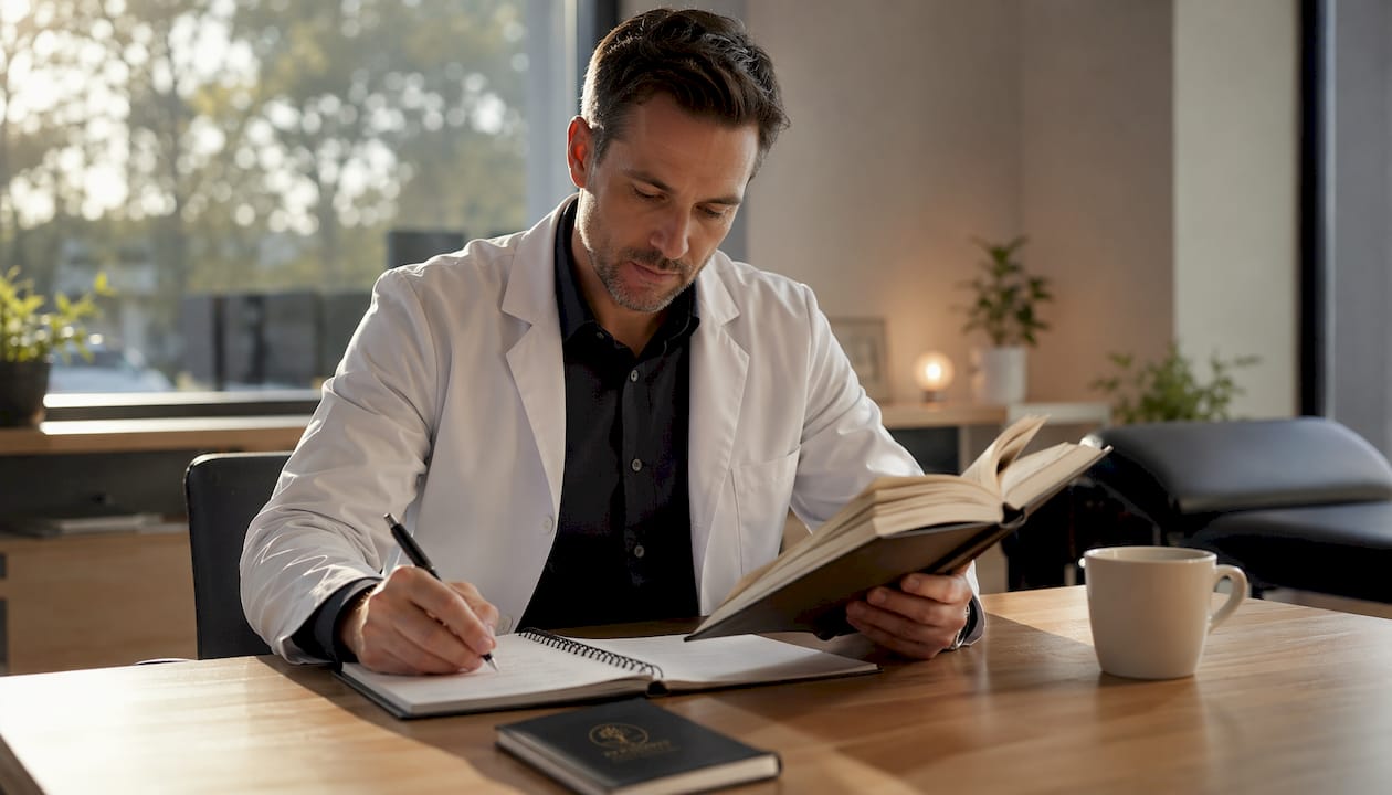 Ein Mediziner informiert sich durch Fachliteratur über die Wirkung und Anwendung von Hypnose.