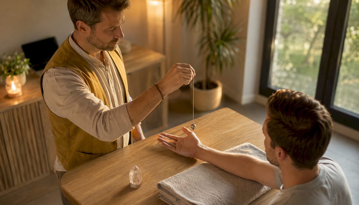 Bei einer Therapiesitzung hält die Therapeutin ein Pendel über die Hand der Klientin, um Energieflüsse wahrzunehmen.