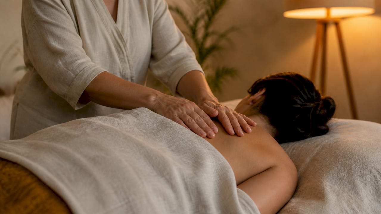 Sanfte, rhythmische Handbewegungen verwöhnen den Rücken des Kunden bei einer entspannenden Hypnomassage.