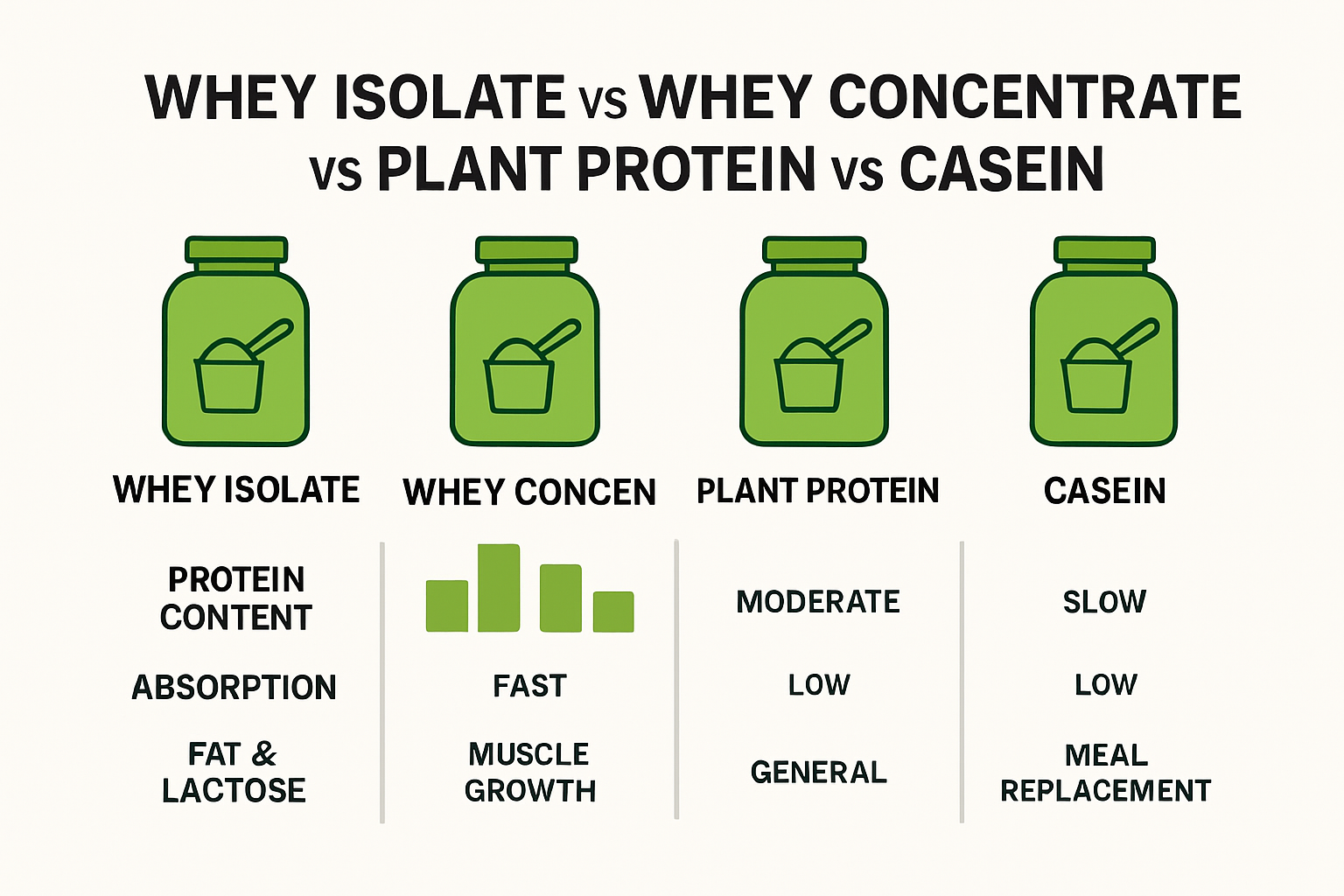 Comparison of whey isolate, concentrate, plant, and casein protein sources