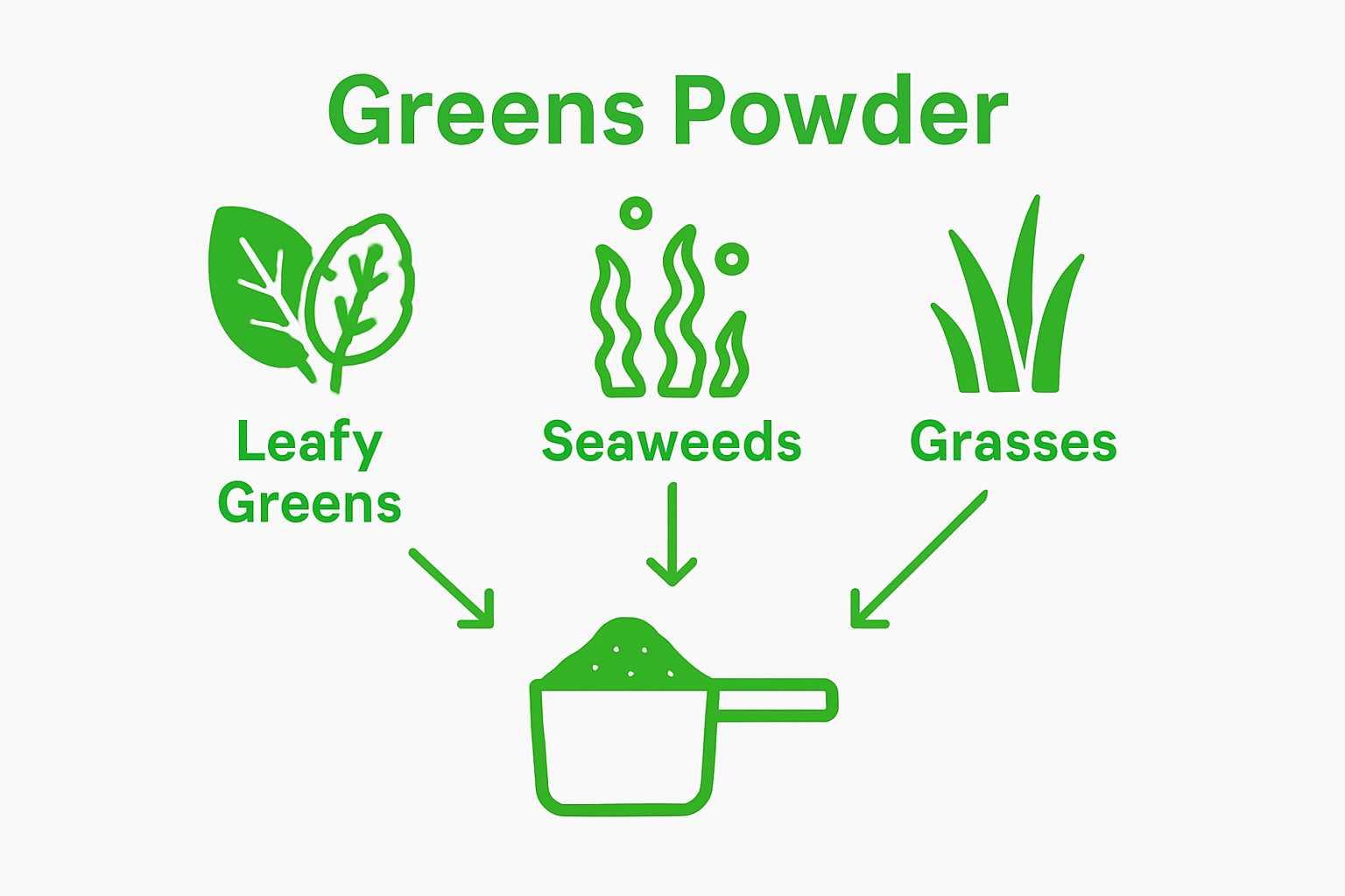 Infographic of greens powder ingredients: greens, seaweed, grass