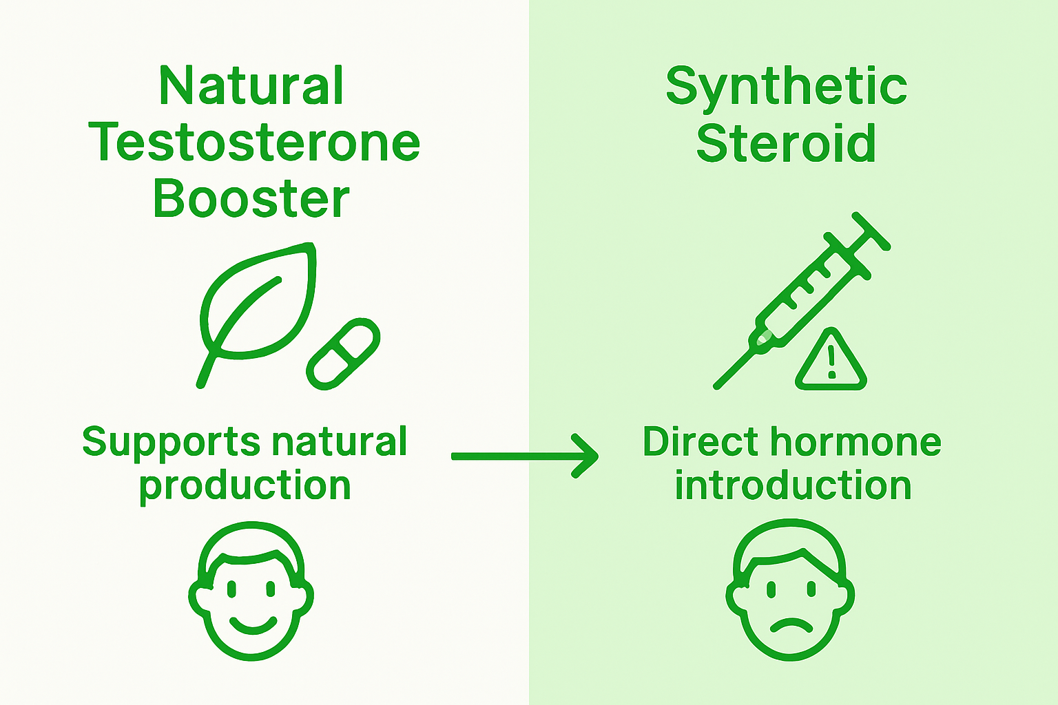 Infographic comparing natural testosterone boosters and synthetic steroids with icons.