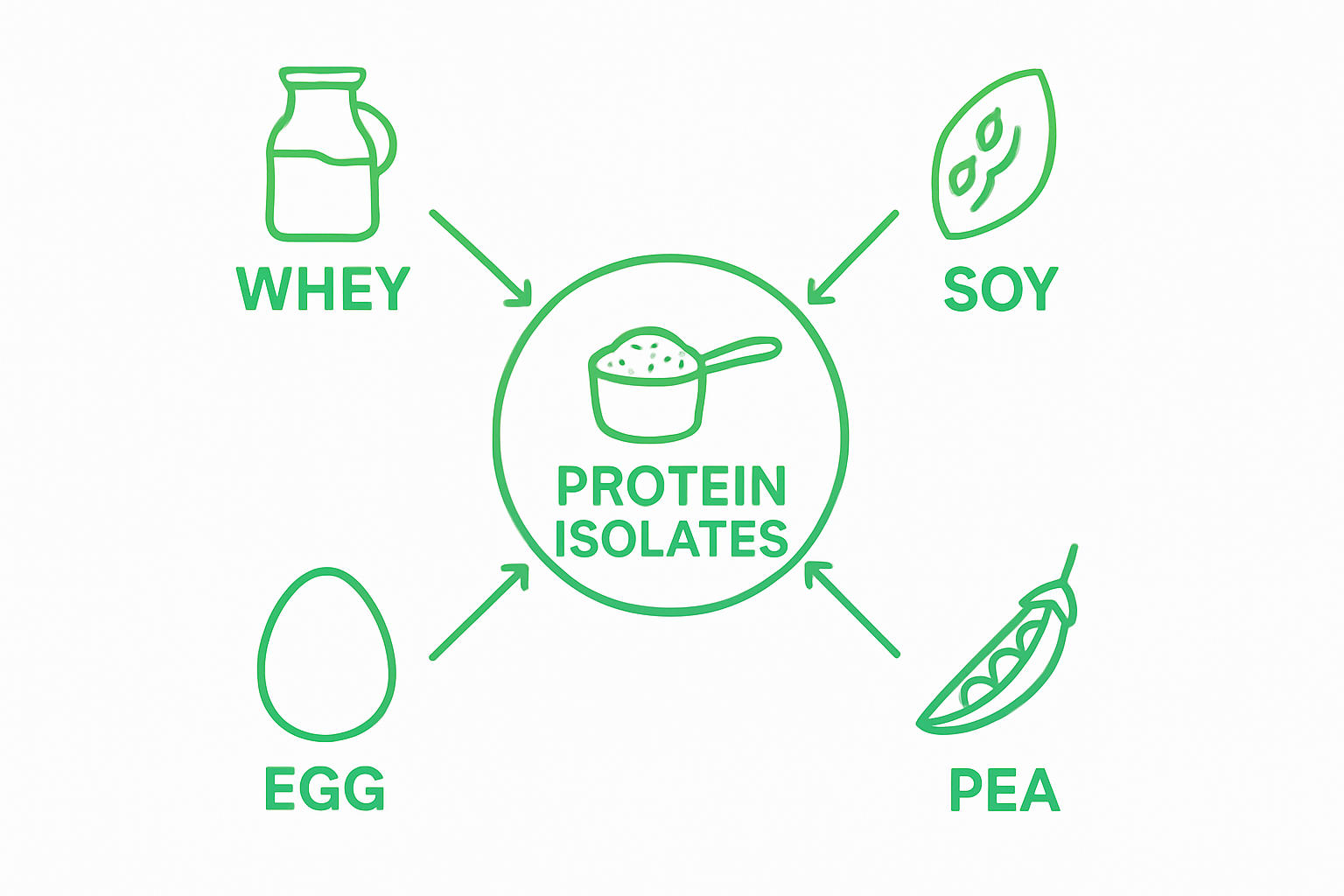 Infographic of four common protein isolate sources with icons