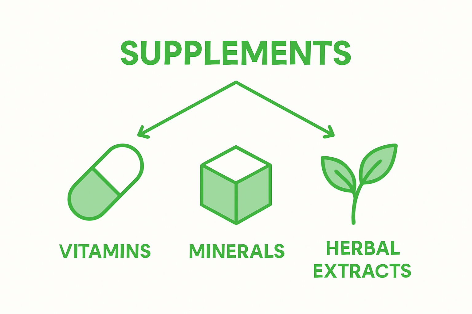 Infographic showing vitamins, minerals, and herbal supplements side-by-side