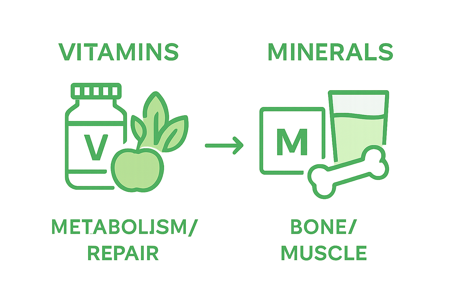 Infographic comparing vitamins and minerals, each with simple icon and one key benefit.