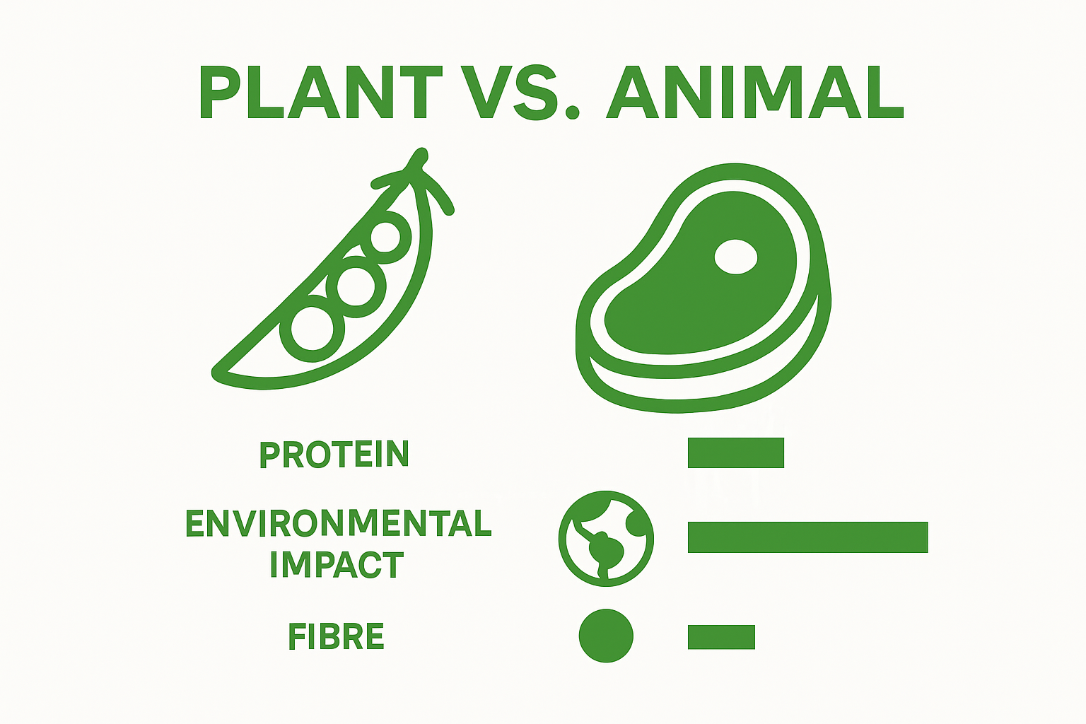 Simple infographic comparing plant and animal proteins by nutrition and environmental impact