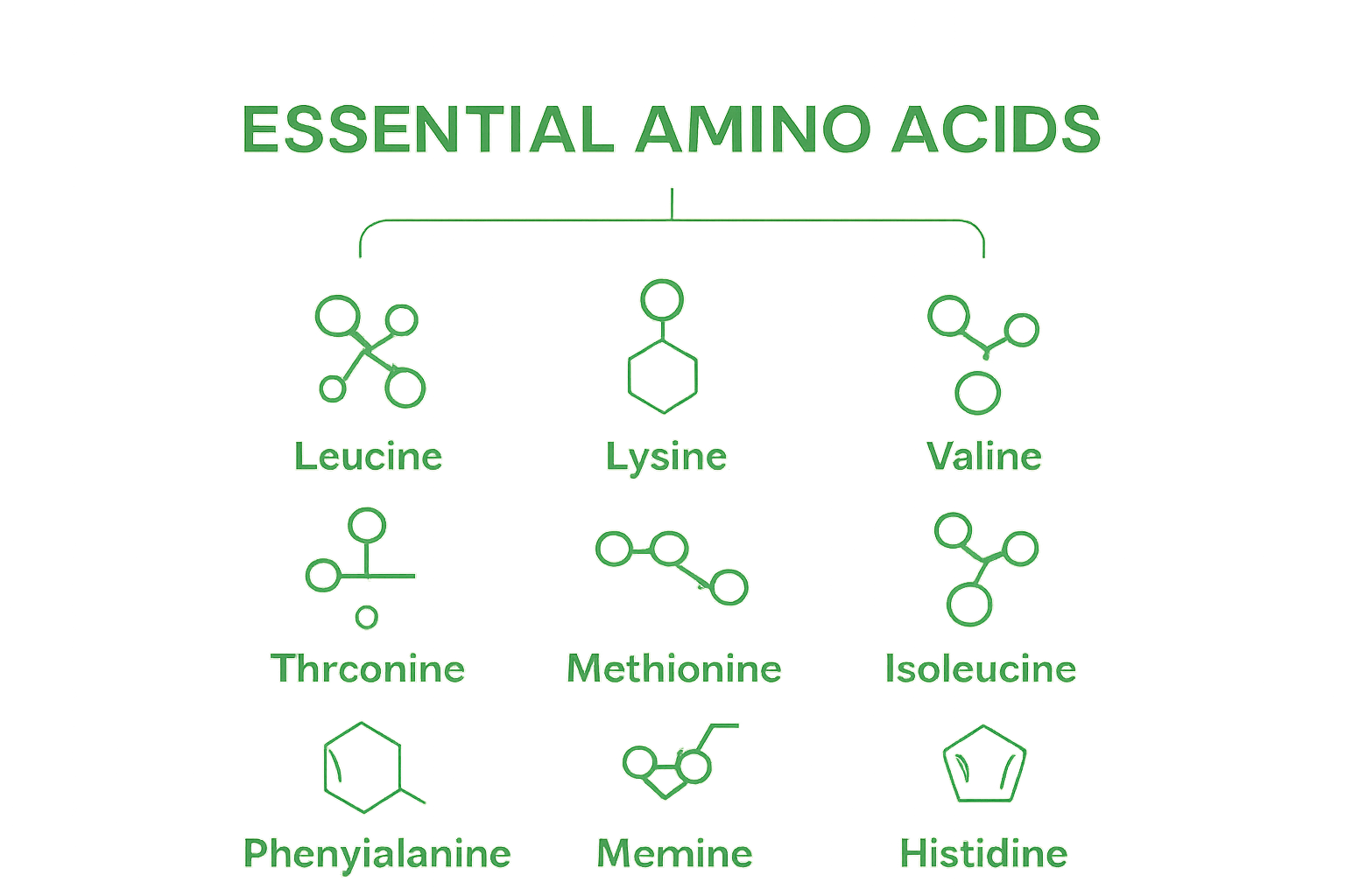 Infographic showing nine essential amino acids in a grid