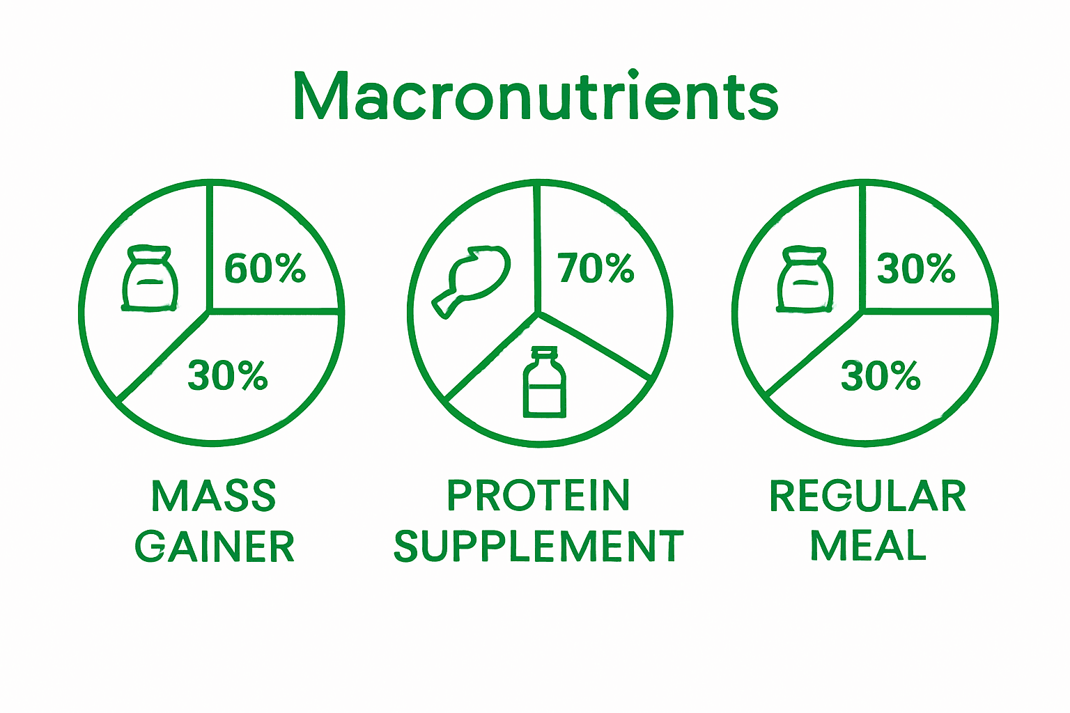 Macronutrient breakdown of mass gainer, protein supplement, and meal