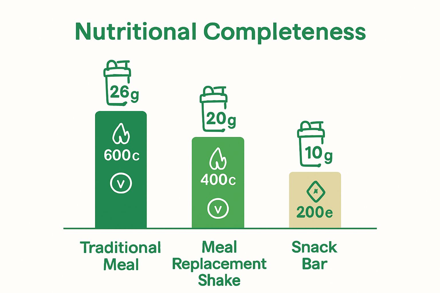 Side-by-side comparison of meal replacement shake, snack bar, and traditional meal nutrition.