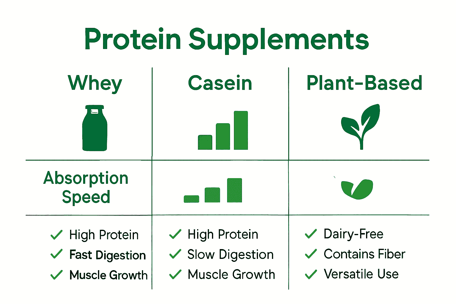 Infographic comparing whey, casein, and plant-based protein supplements.