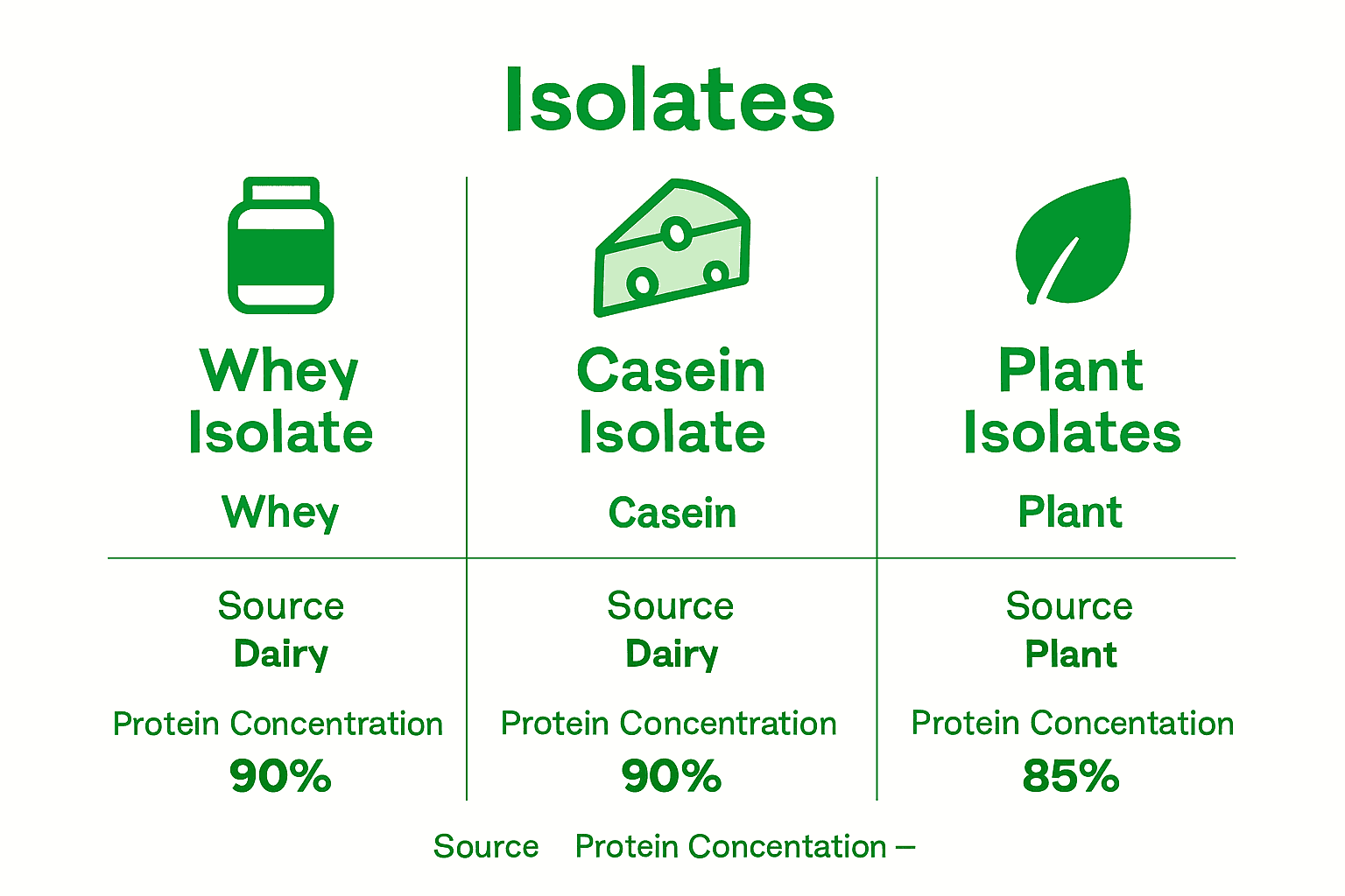 Infographic comparing whey, casein, and plant protein isolate qualities